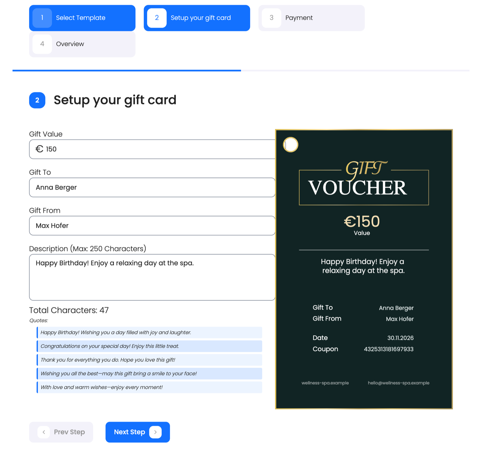 Live preview: the card updates while the customer enters the value, the names and a message.