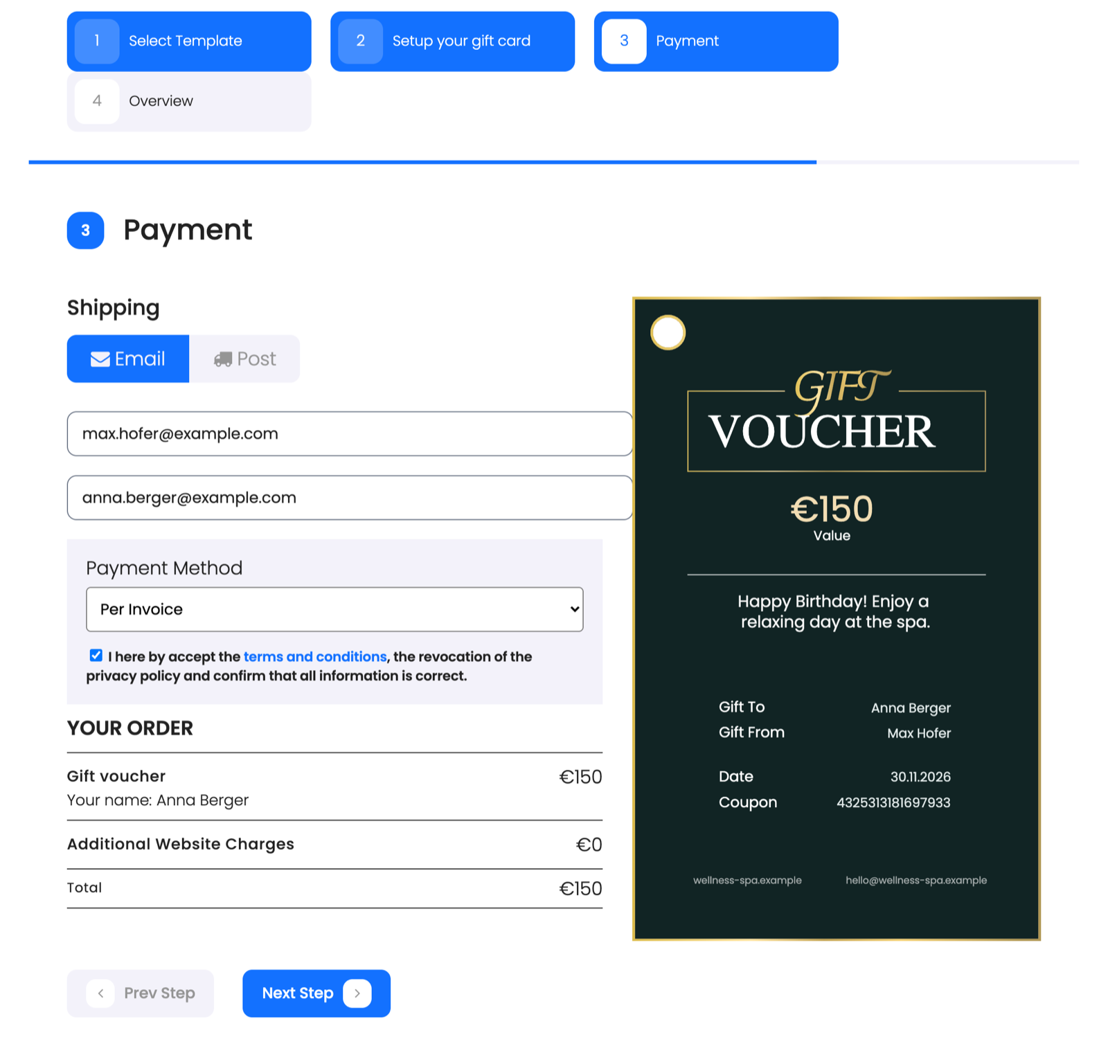 Delivery by email or post, and the payment method.