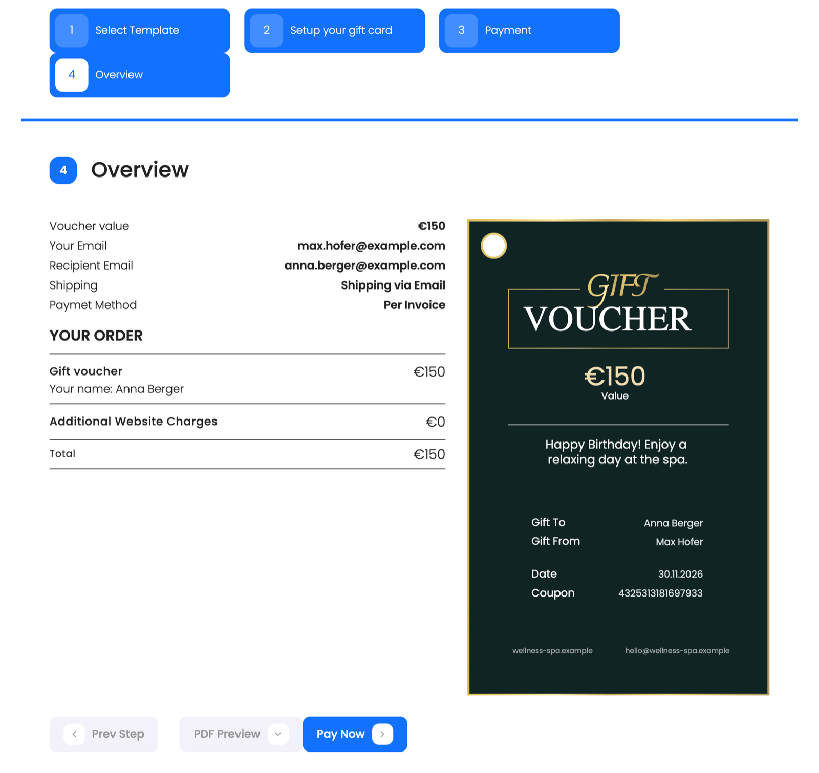 Overview of the order before payment.