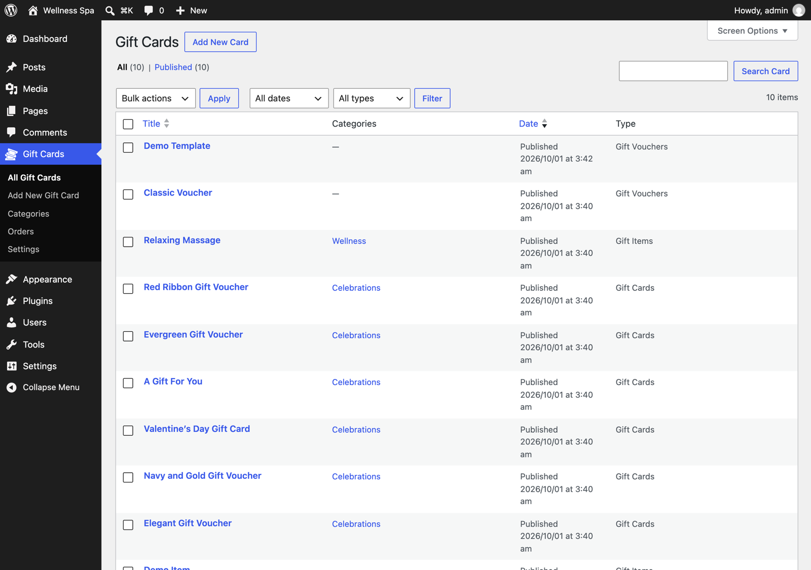 All gift cards, gift items and gift vouchers in one list, with a Type filter.