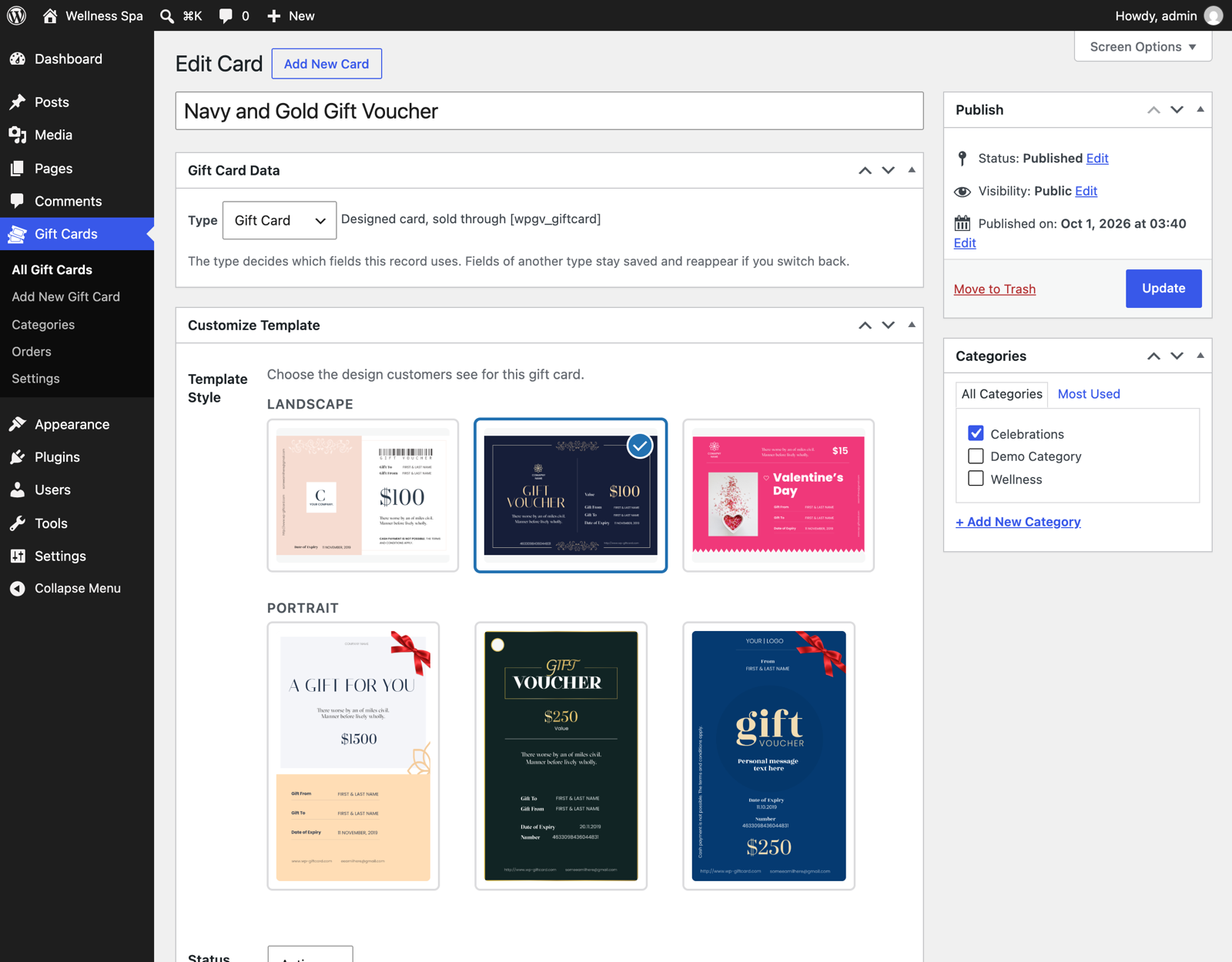 Choose the gift card design in the admin, grouped in landscape and portrait.