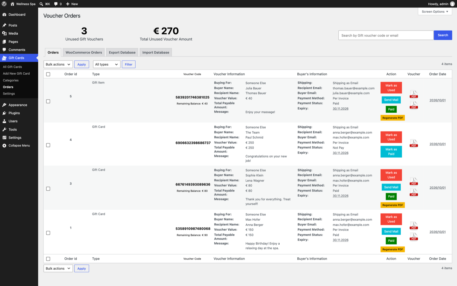 One Orders list for every order type, with payment status, PDF and actions.