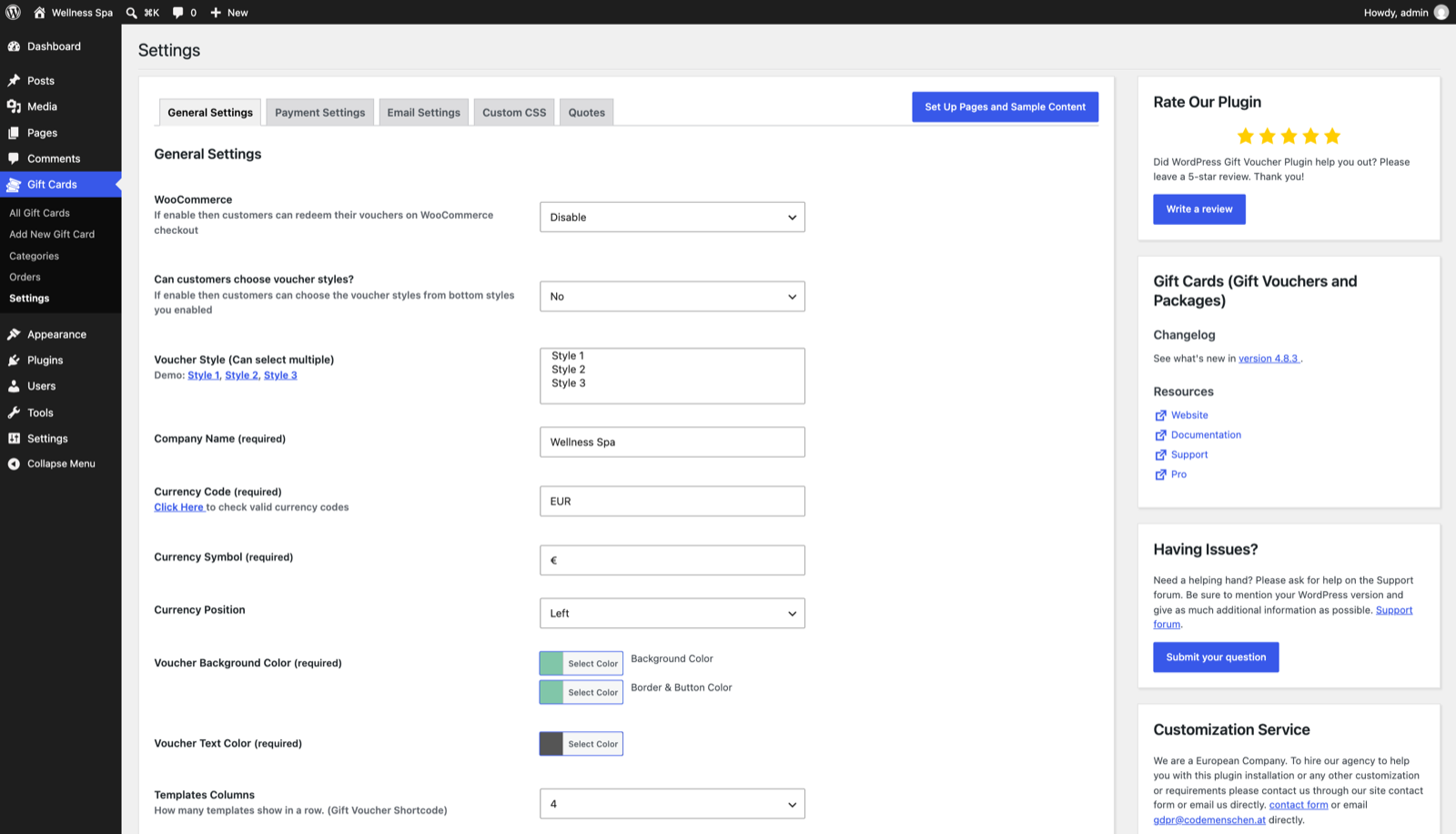 Settings, with one click to set up the pages and sample content.