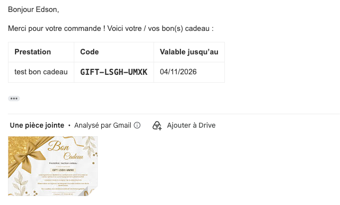 The email a buyer receives, containing the gift code.