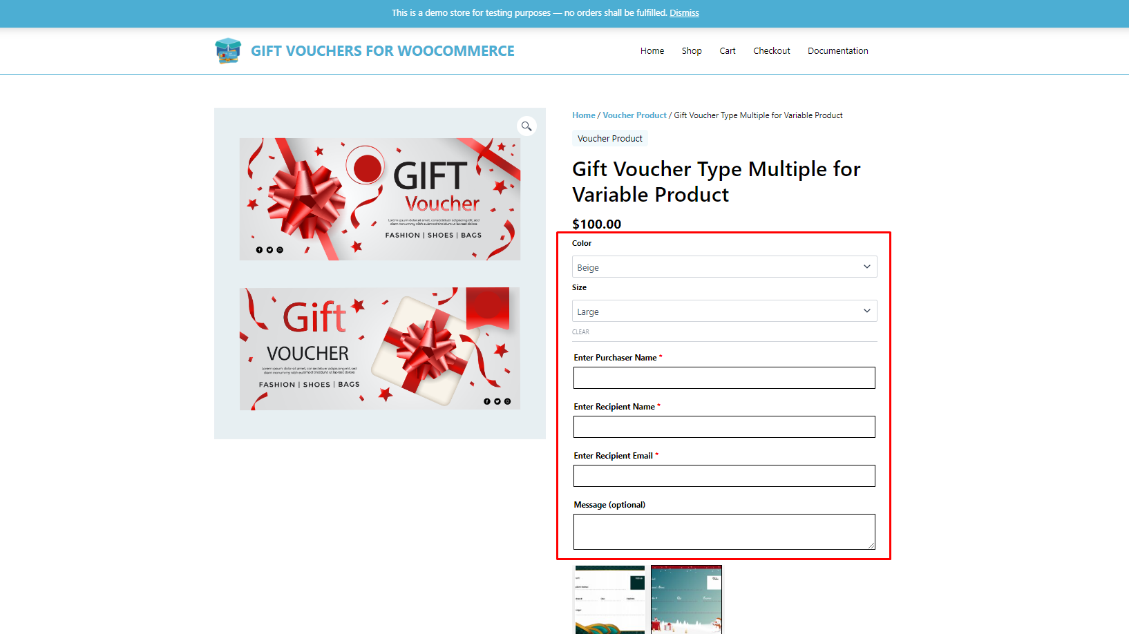 Frontend Gift Voucher Multi Purpose Type for Variable Product