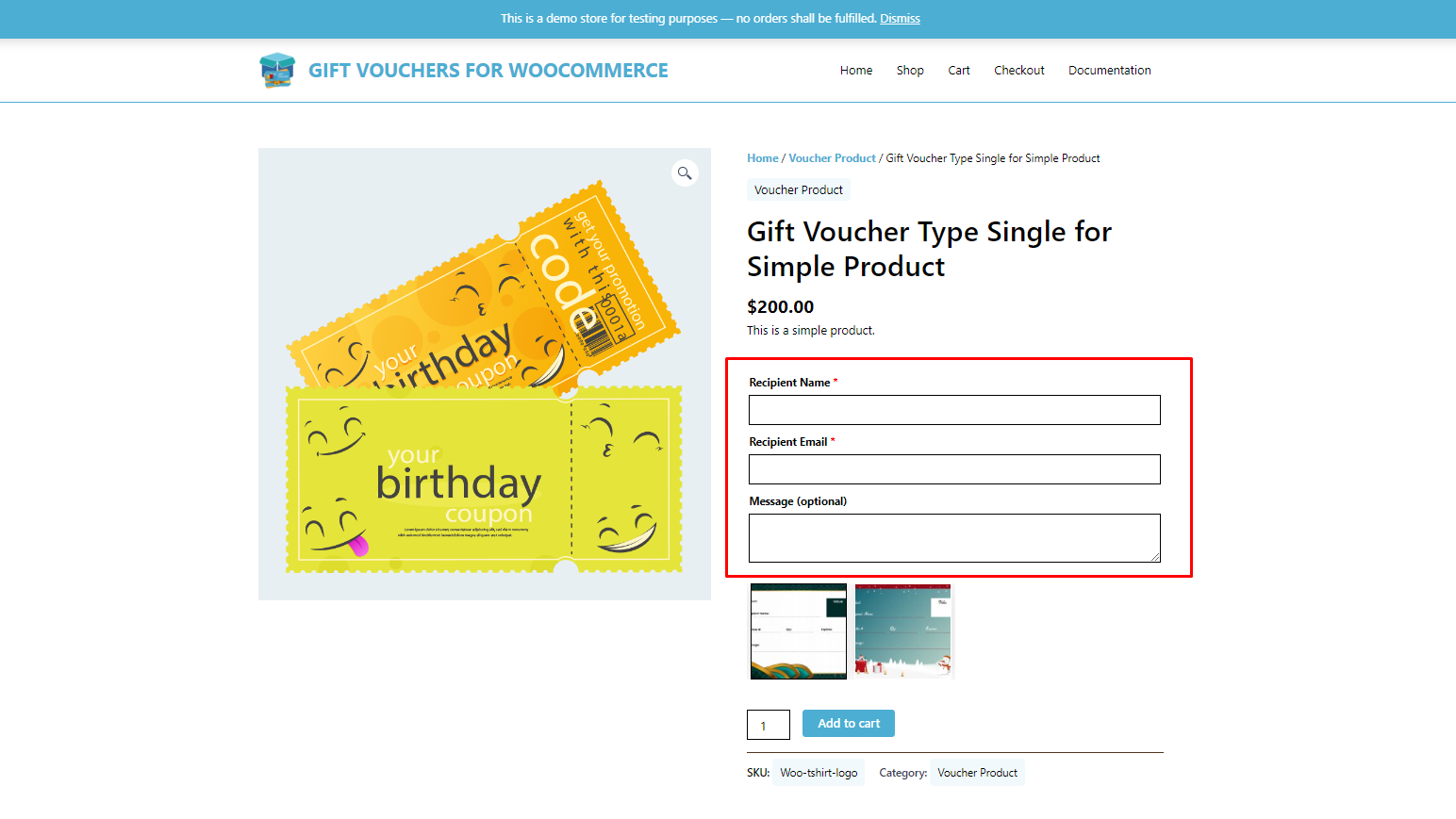 Frontend Gift Voucher Single Purpose Type for Simple Product