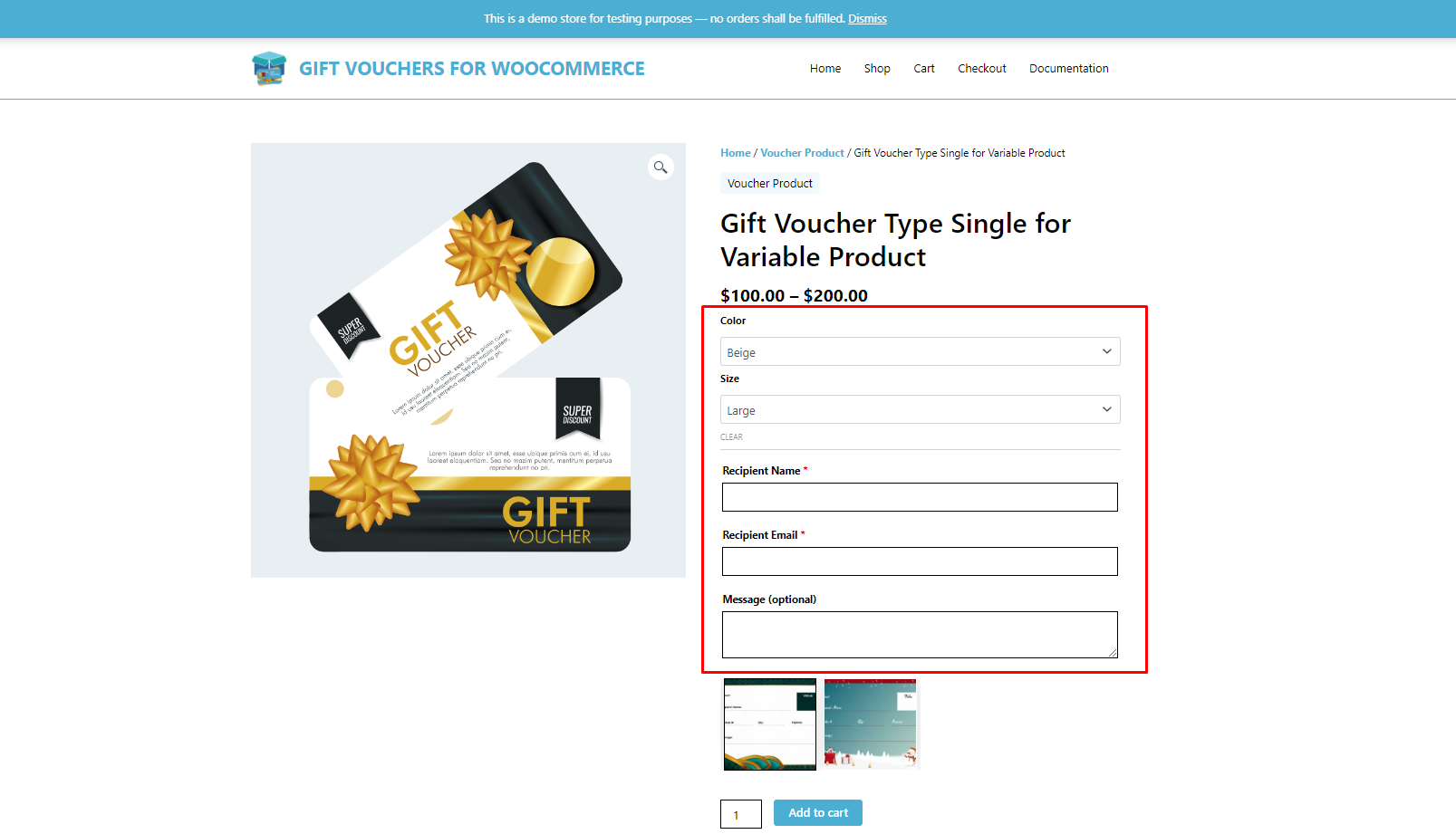 Frontend Gift Voucher Single Purpose Type for Variable Product