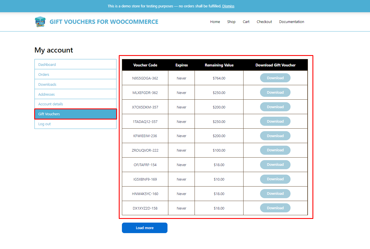 Frontend Customer's Gift Voucher List in My Account Page