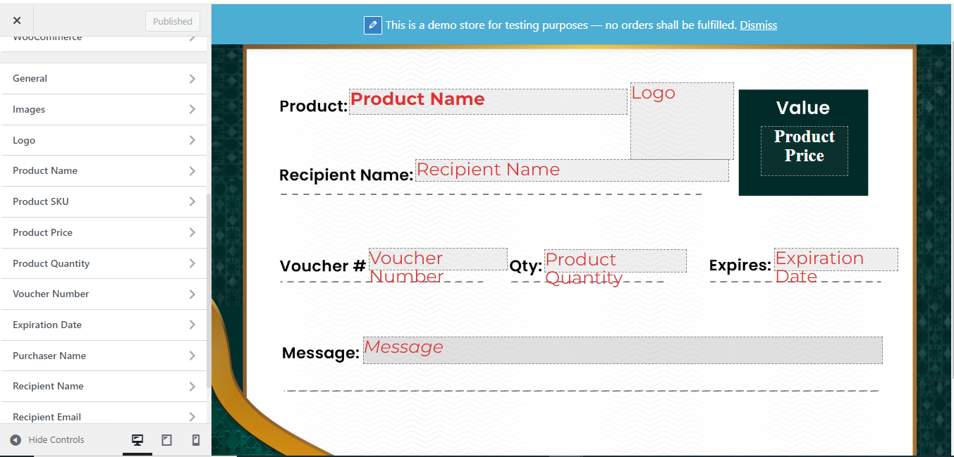 Backend Gift Voucher Template Edit Page With All Settings