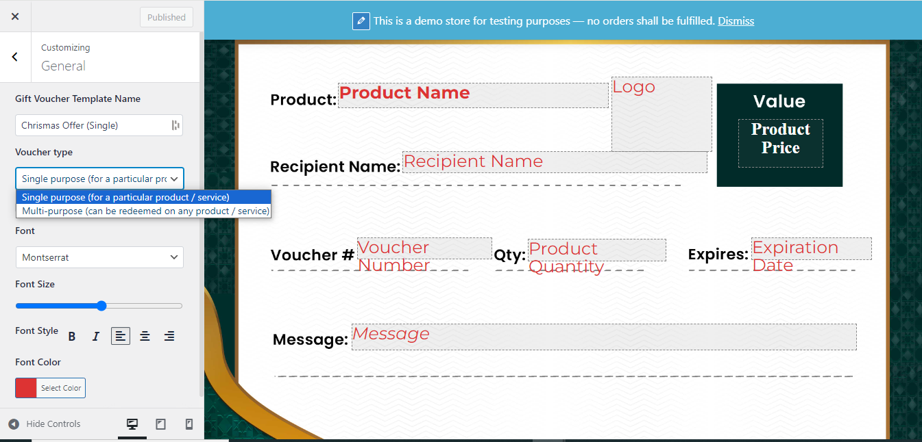 Backend Gift Voucher Template General Settings