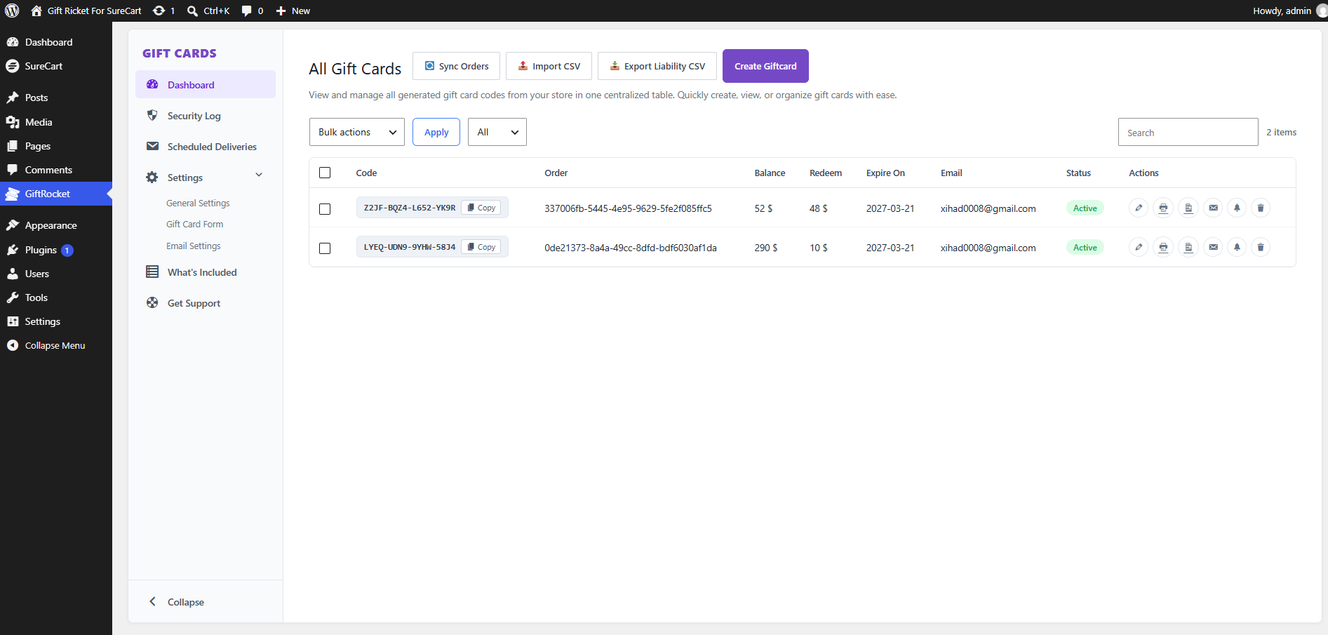 Gift card dashboard and ledger: codes, balances, order references and status.