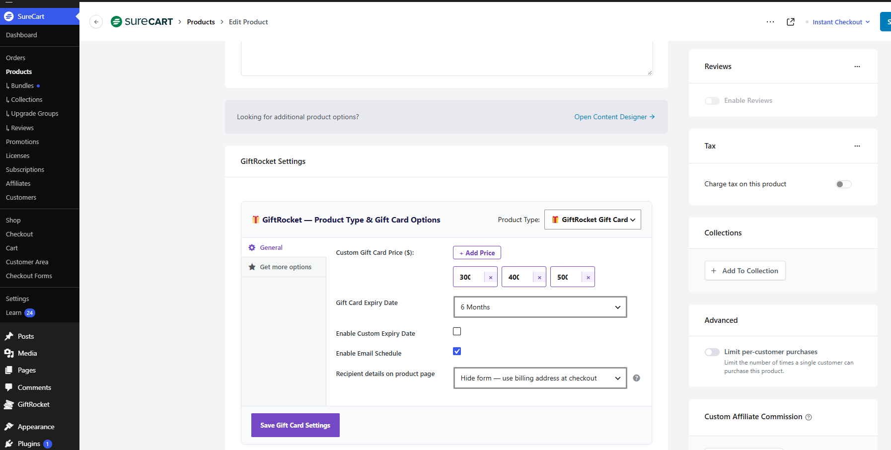 GiftRocket Wizard inside the SureCart product editor: amounts, expiry, scheduling and recipient settings.