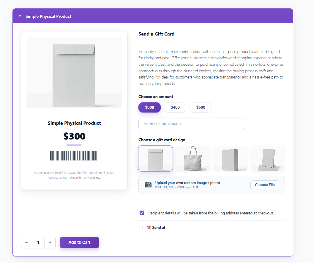 Storefront customizer with live card preview, occasion designs and custom amount.