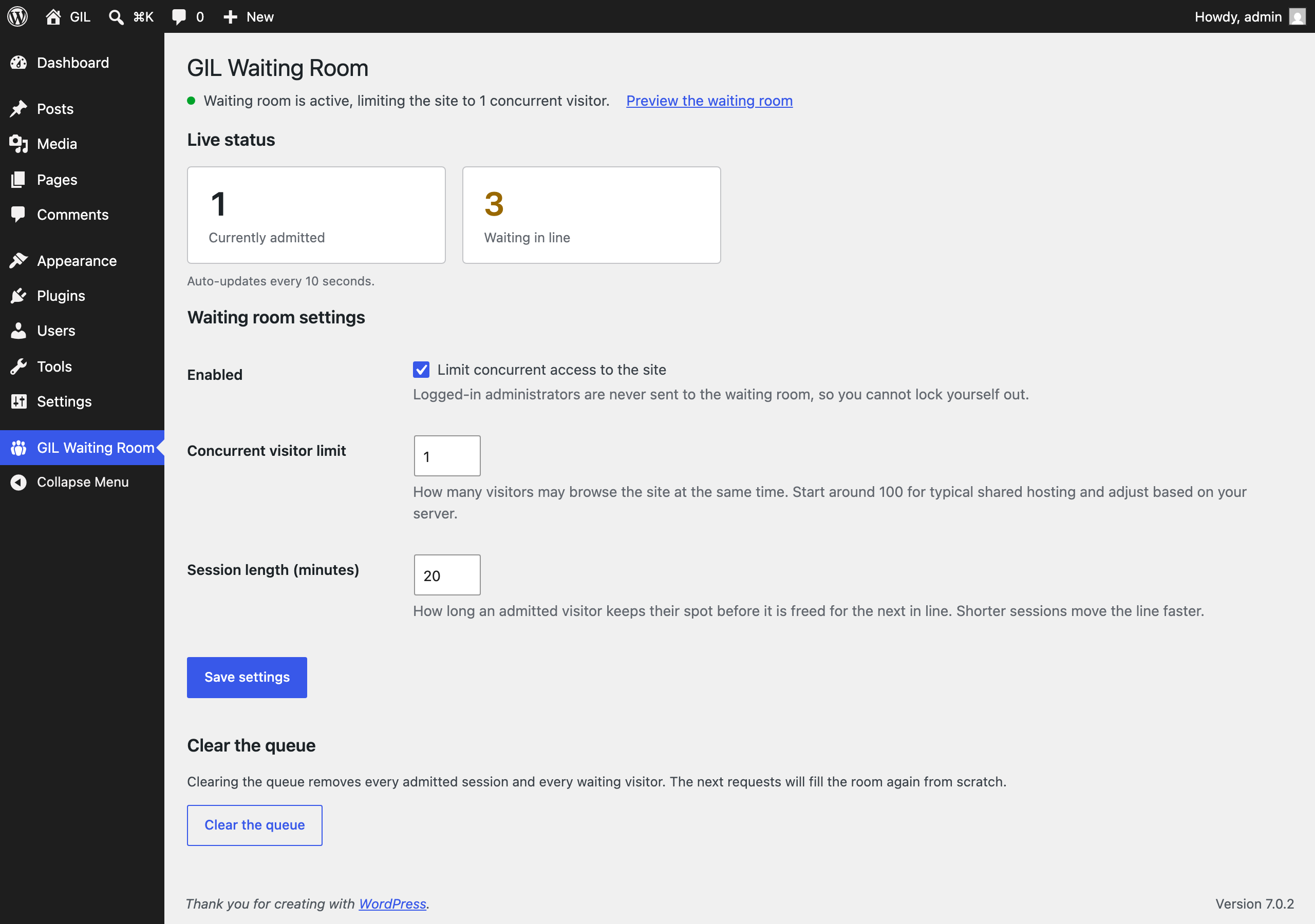 The settings page with live queue status.