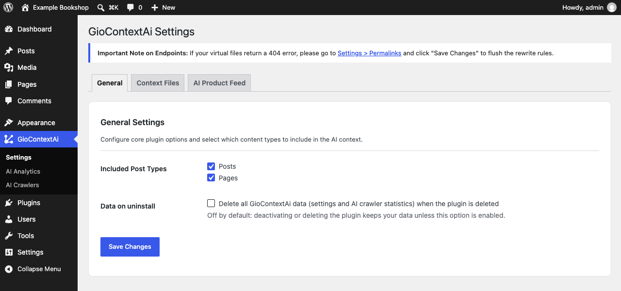 Settings: the content types included in the AI context files and the data-on-uninstall option.