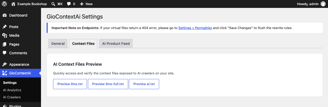 Context Files tab: quick previews of llms.txt, llms-full.txt and ai.txt.
