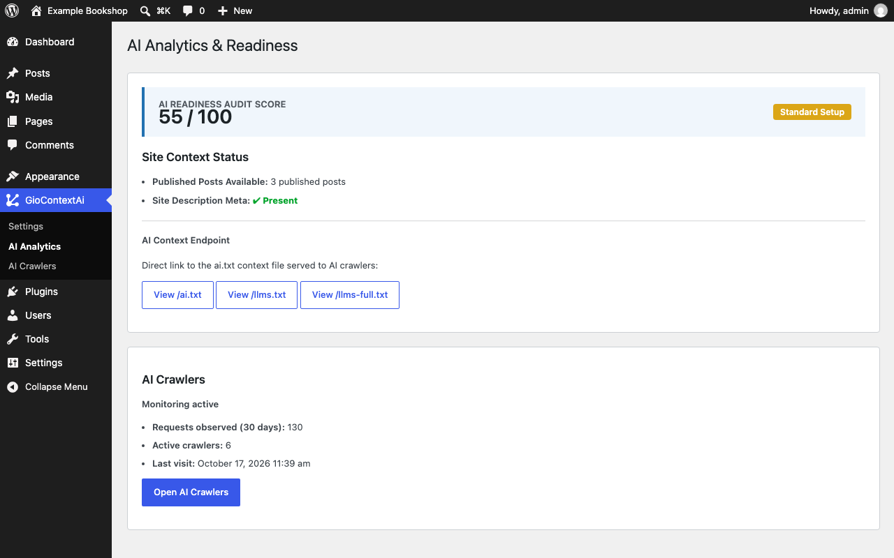 AI Analytics page: basic AI context checks and the AI Crawlers summary card.