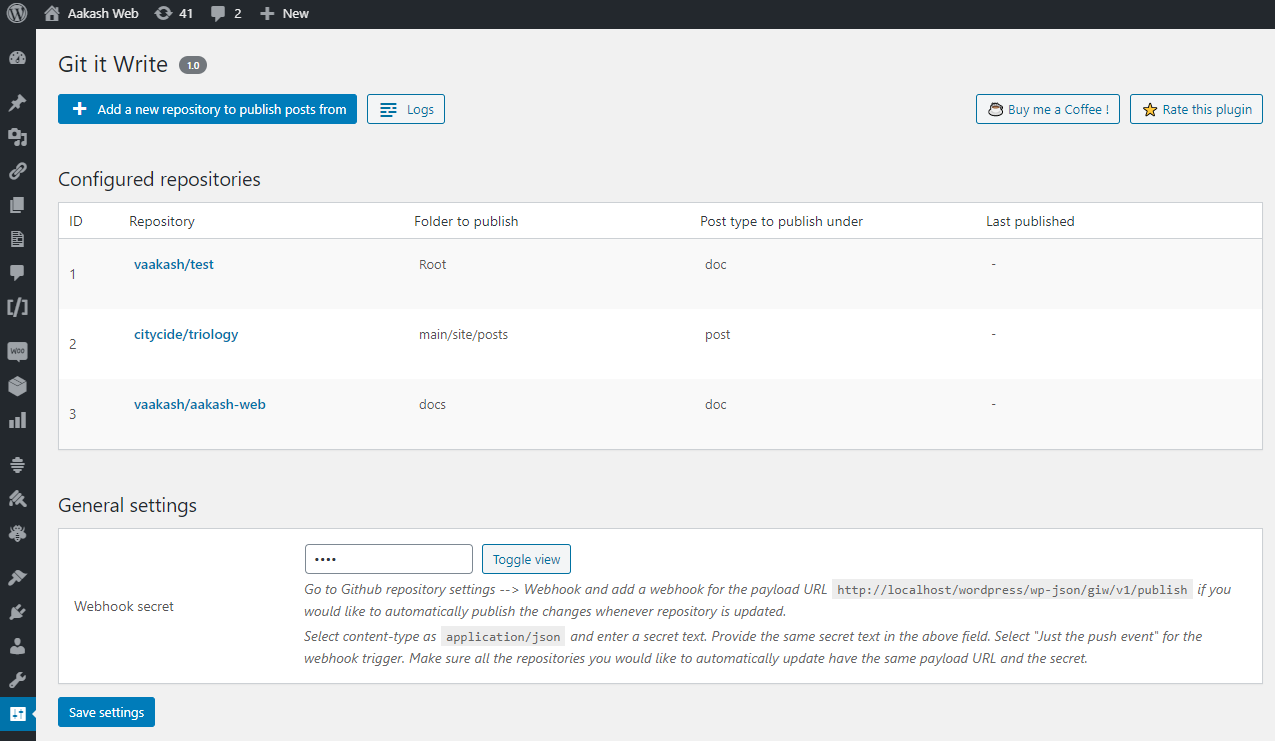 Plugin admin page.