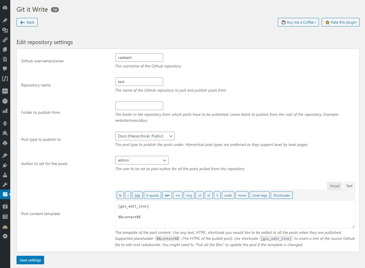 Repository configuration page.