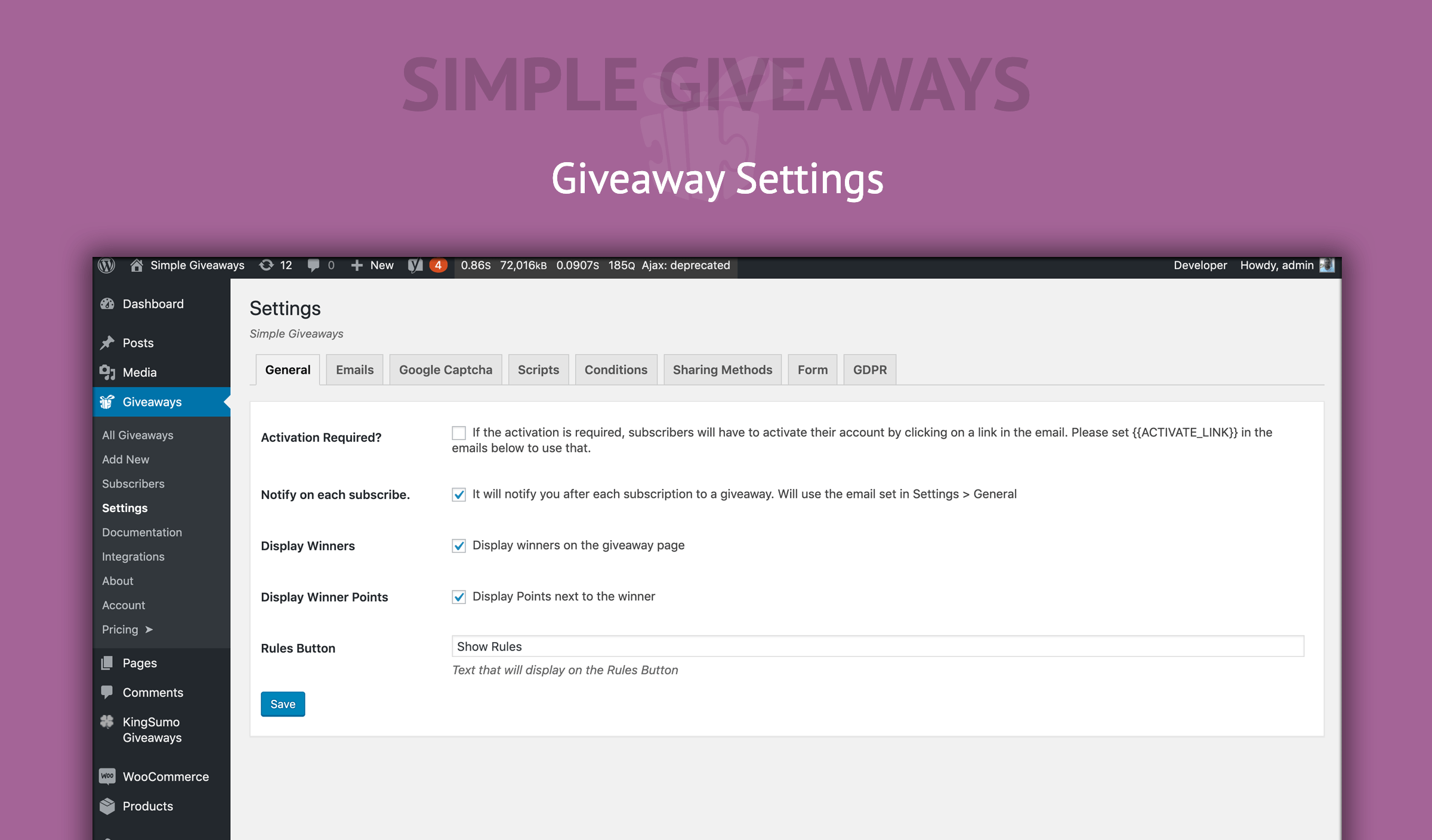 Giveaway Settings