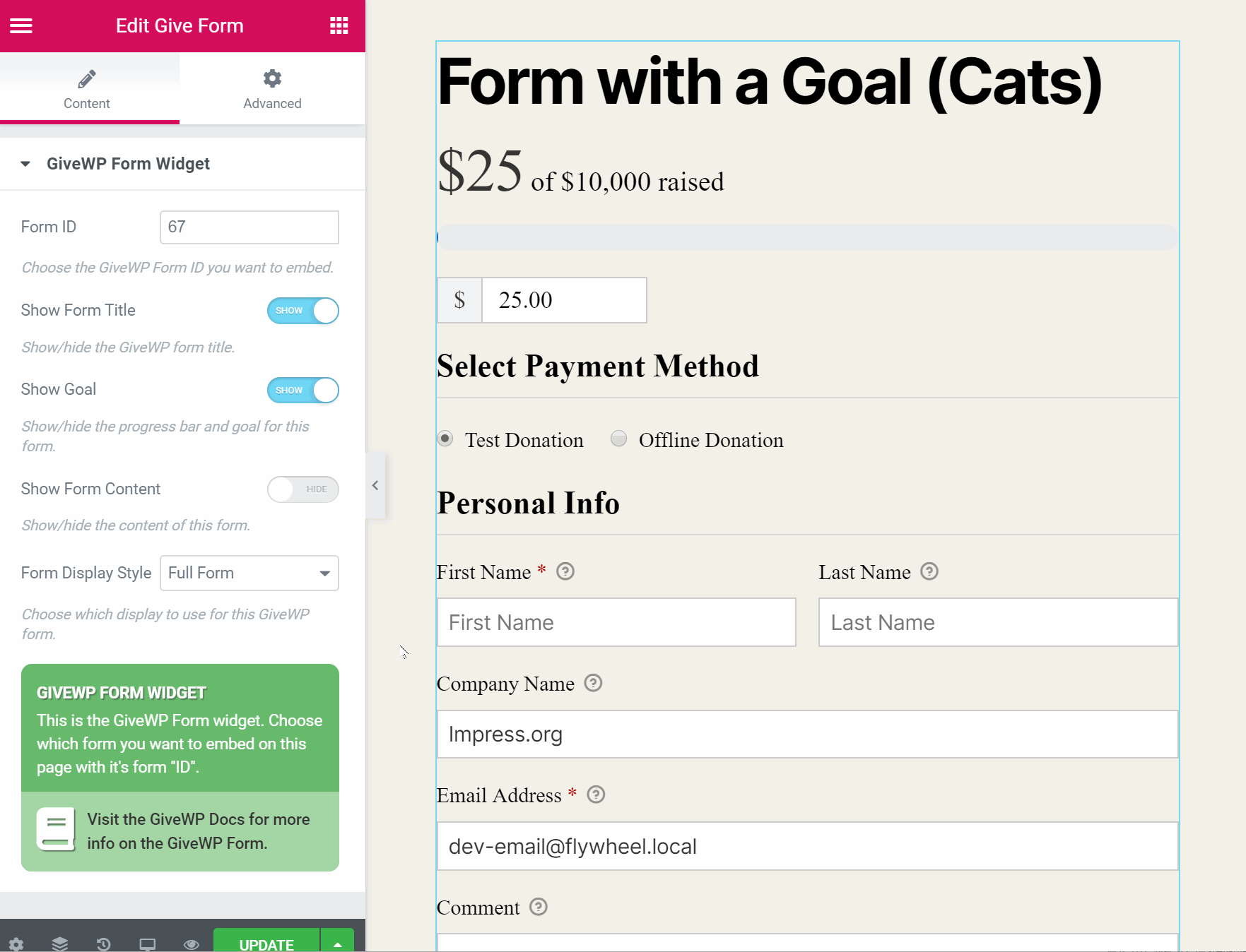 The GiveWP Widget Section in the Elementor Builder