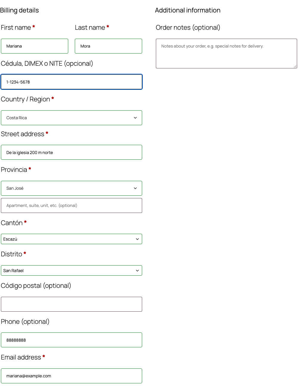 WooCommerce checkout for Costa Rica showing chained dropdowns for Provincia, Canton and Distrito, plus the optional Cedula/DIMEX field.
