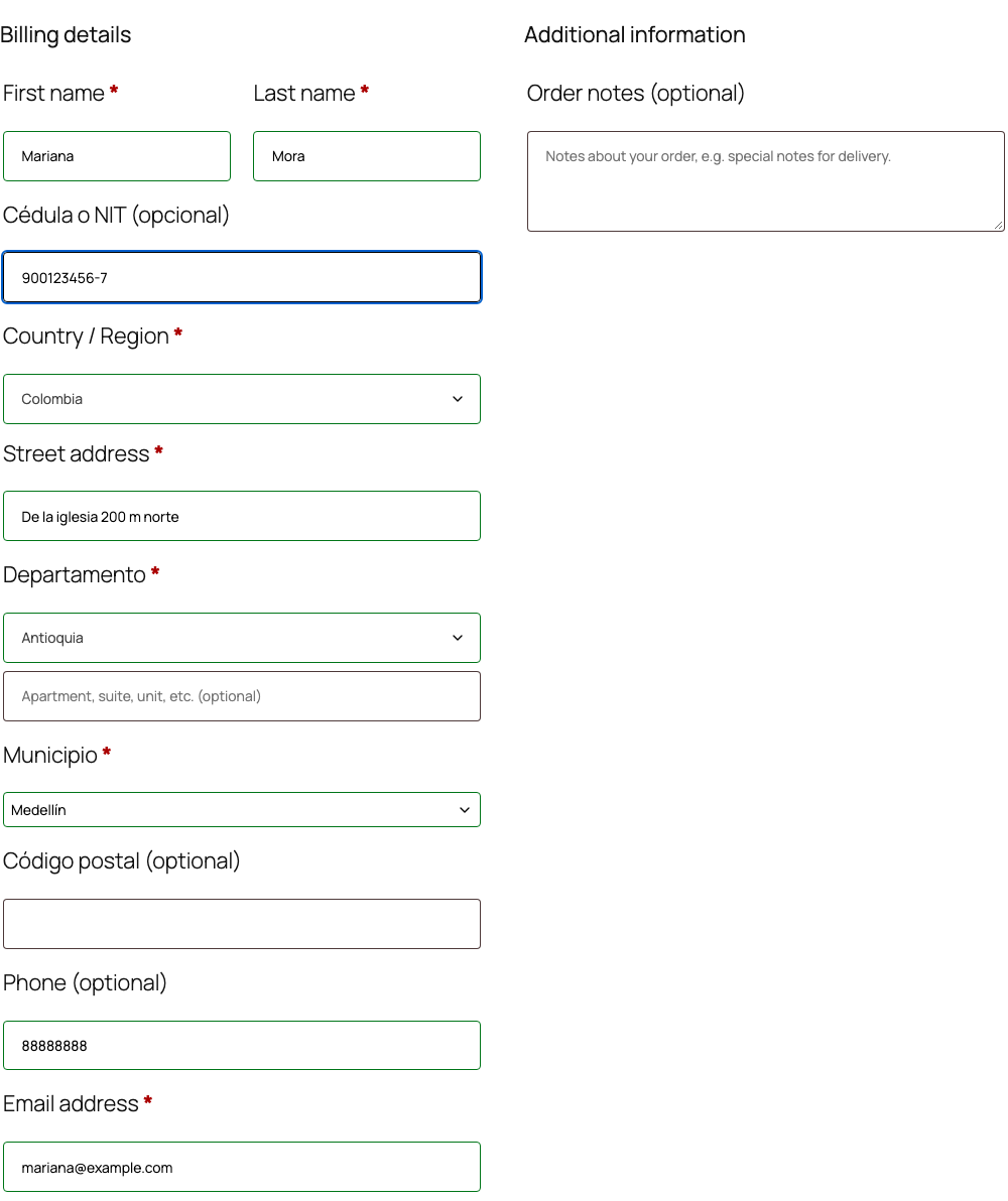 WooCommerce checkout for Colombia and Mexico showing Departamento/Estado, Municipio dropdown and optional NIT/RFC validation.