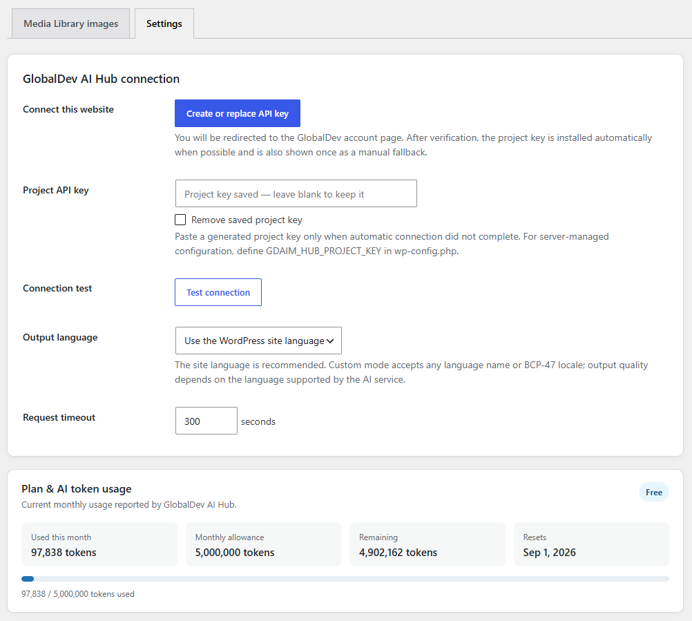 GlobalDev AI Hub connection settings with project API key setup, output language selection, connection testing, and monthly AI token usage.