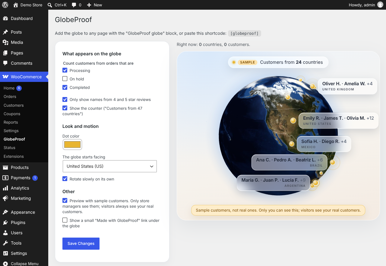 Settings, with a live preview.