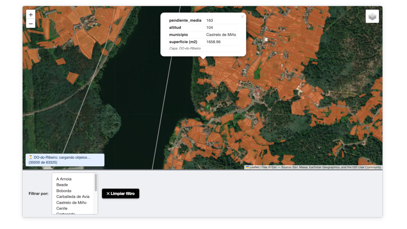 Interactive map on the front-end, with several layers and a field filter.