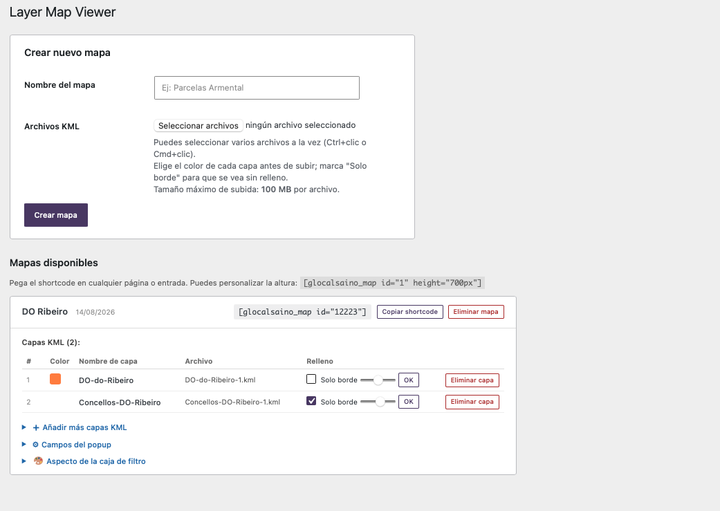 Admin panel: map creation form and listing of an existing map.