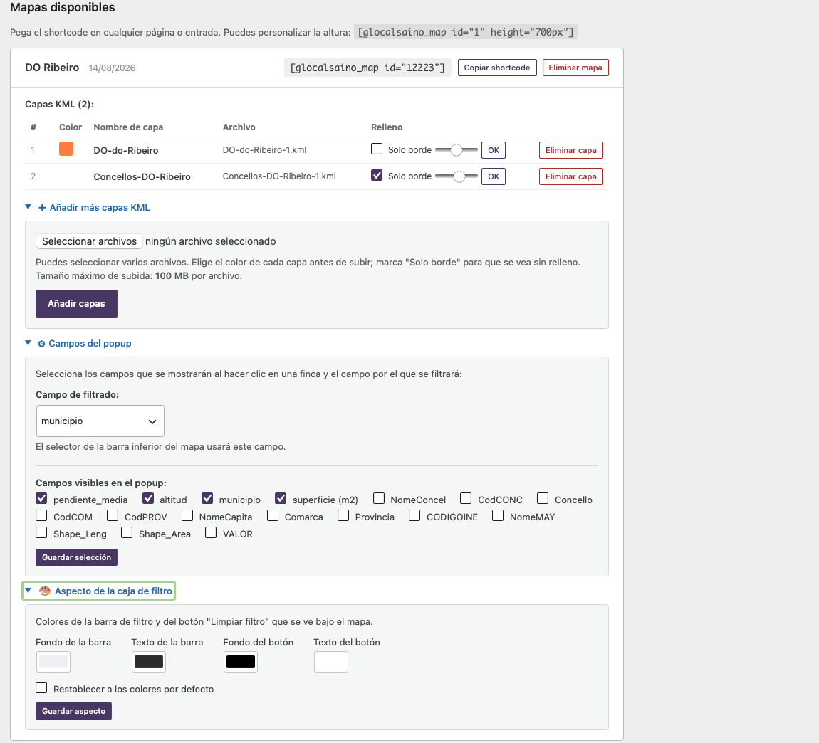 Admin panel: layer options expanded (add more layers, popup fields, and filter bar appearance).