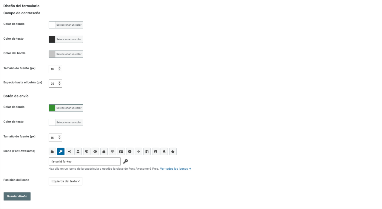 Settings panel: form design section with colour pickers, font size controls, and a Font Awesome icon picker.