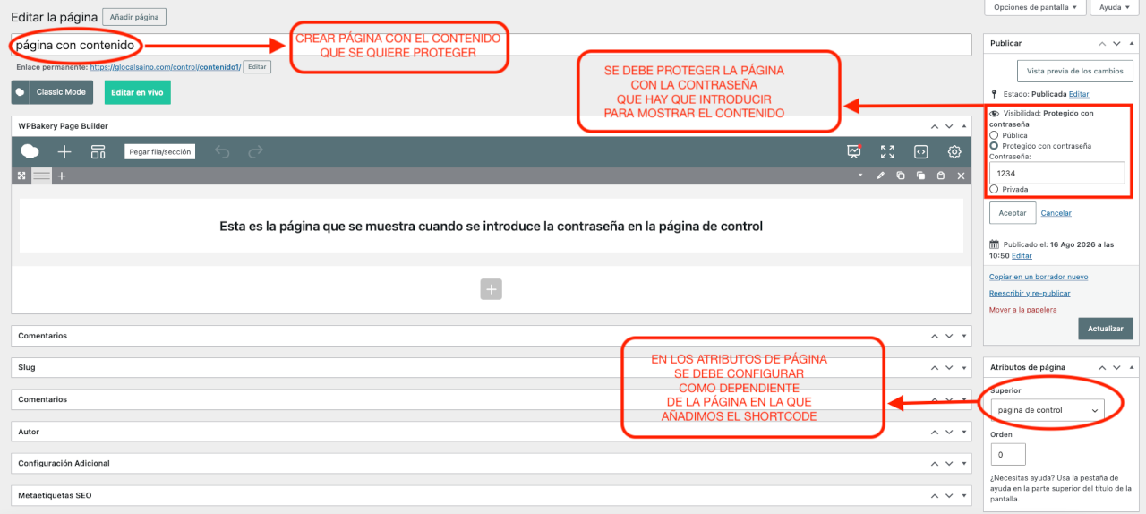 WordPress editor showing a child page configured as a child of the parent page and protected with a password.
