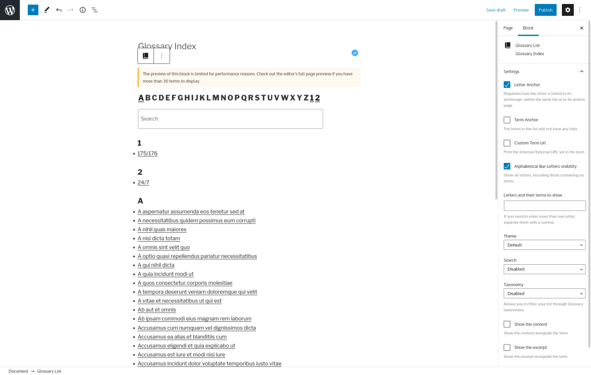 Glossary Index Block Editor (Pro)