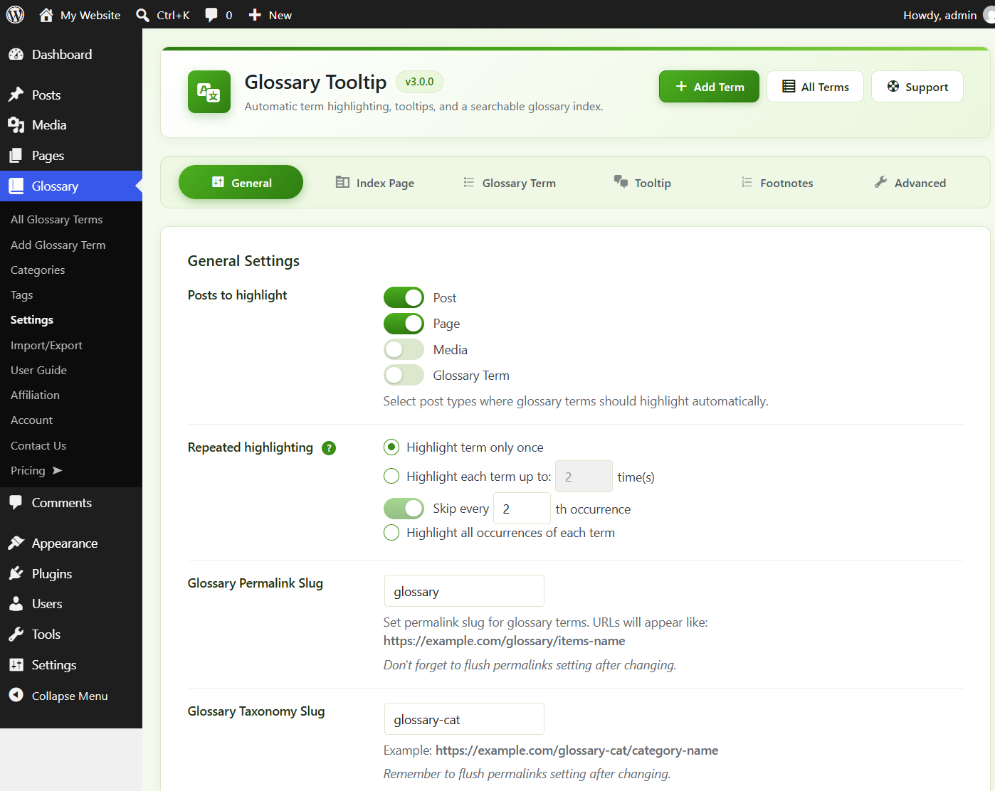 Modern, intuitive interface for managing Glossary Tooltip.