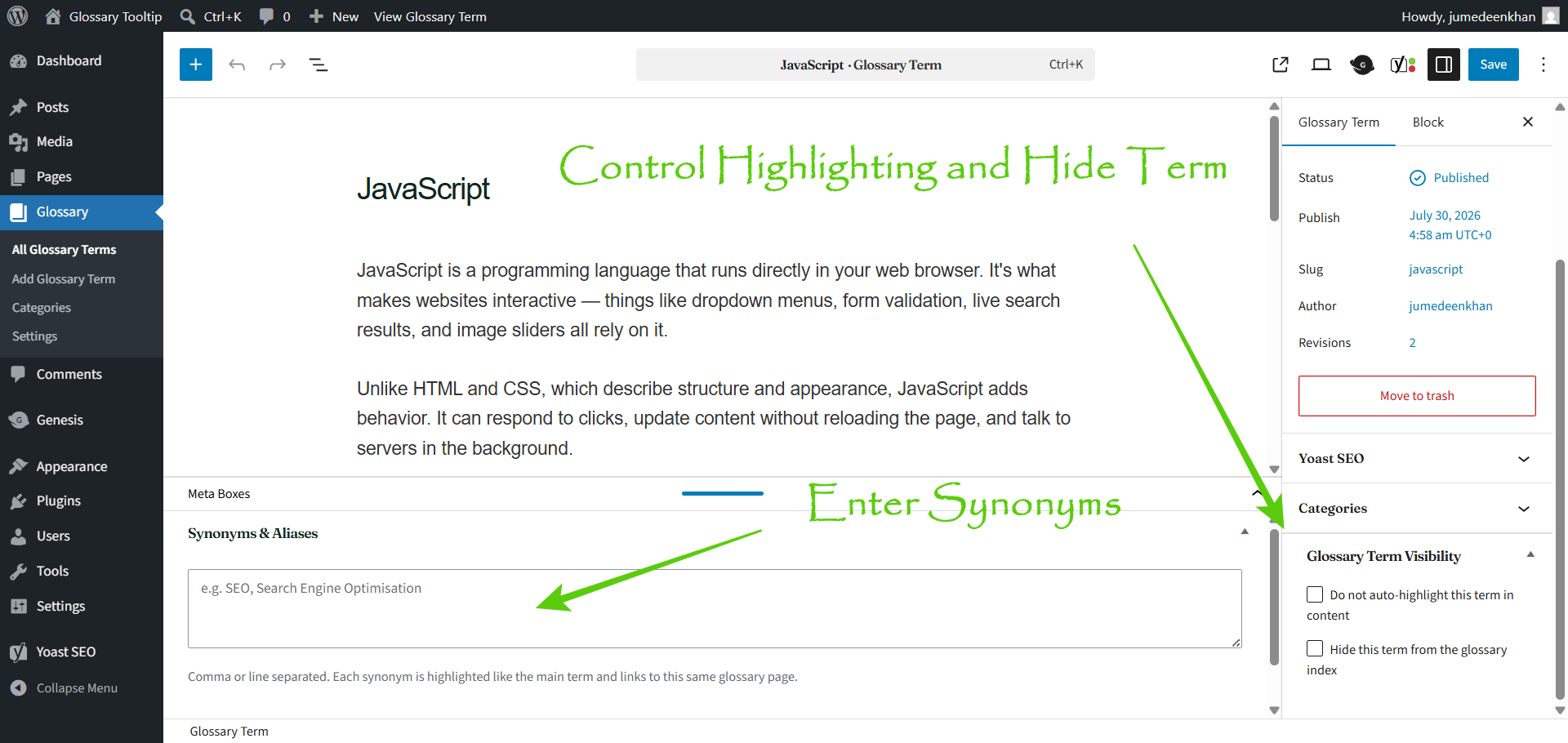 Create and edit glossary terms with descriptions, excerpts, featured images, and custom settings.