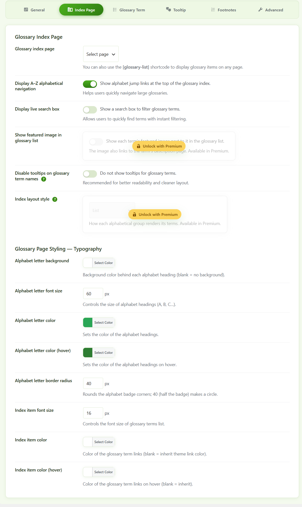 Configure the glossary index with A–Z navigation and live search.