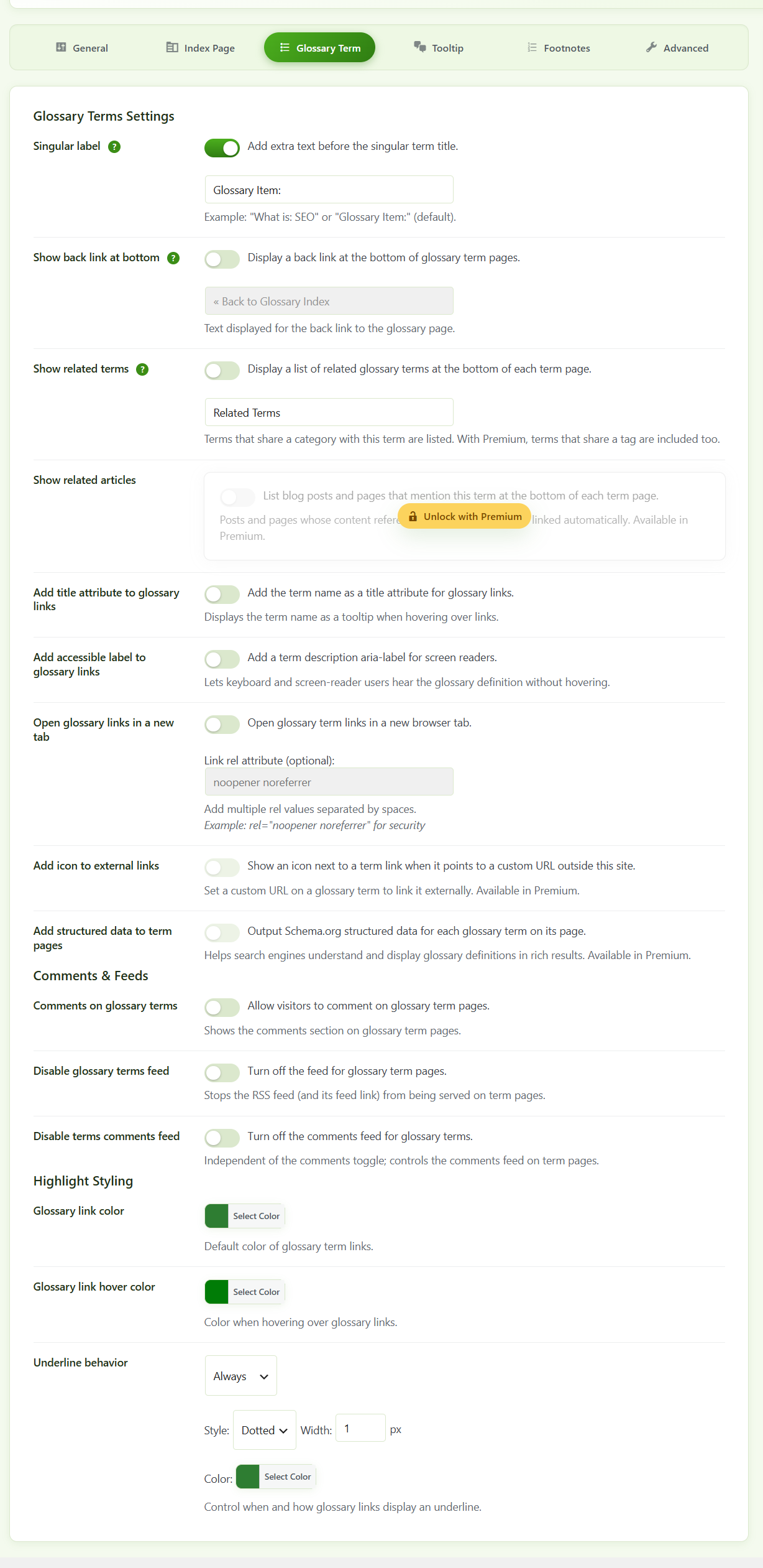 Manage glossary term highlighting, links, excerpts, and display options.