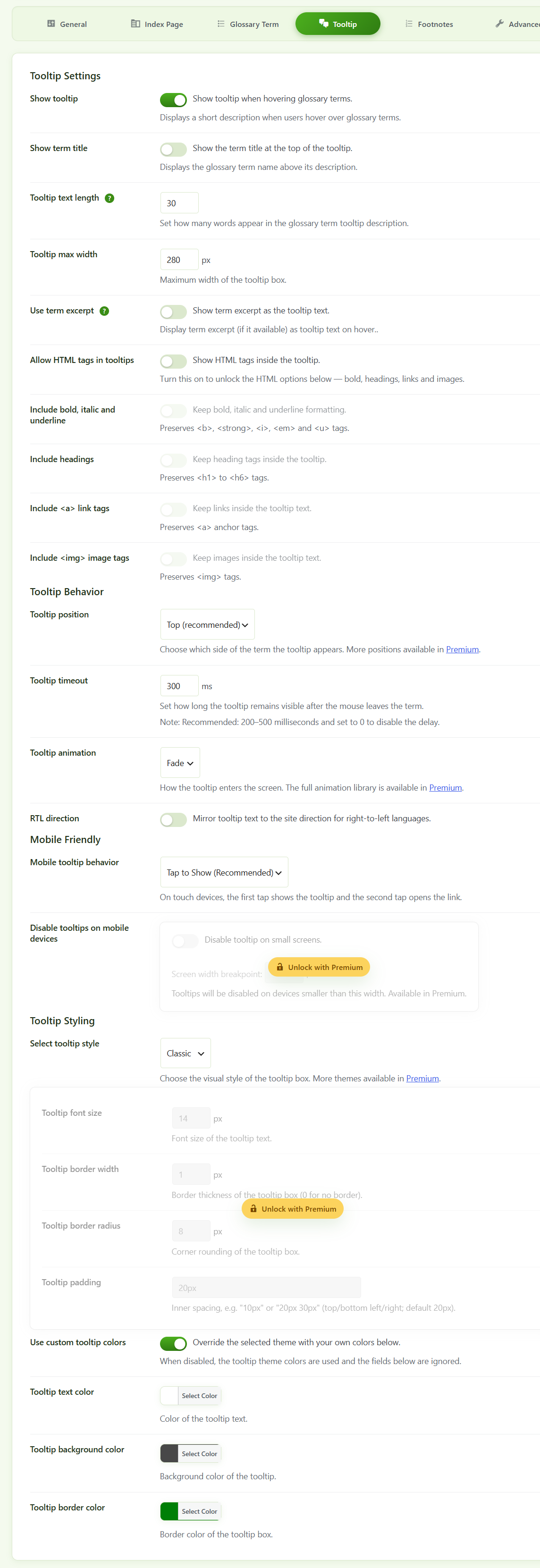 Customize tooltip appearance, position, colors, mobile behavior, and display options.