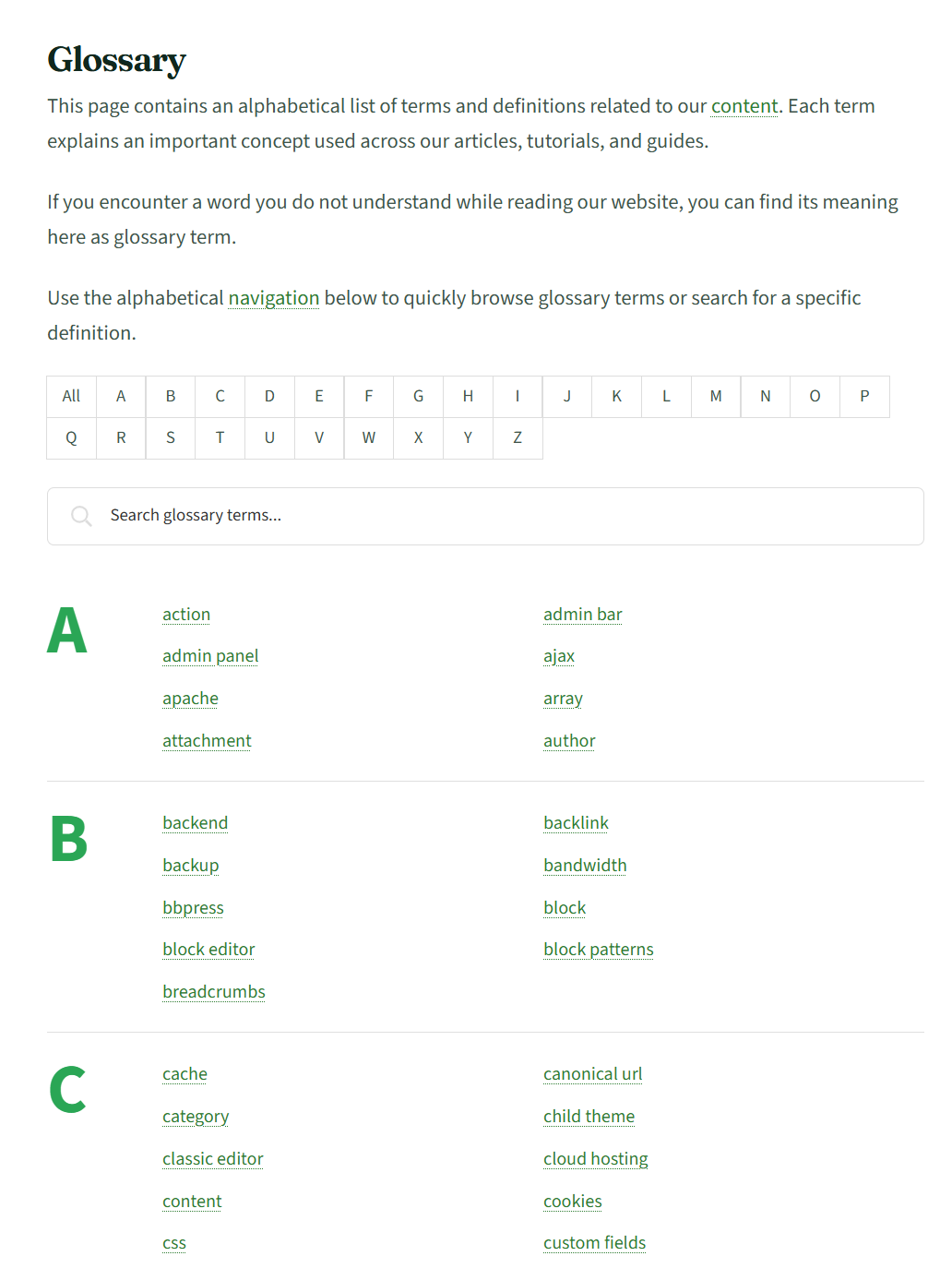 Preview the glossary index with A–Z navigation and live search.