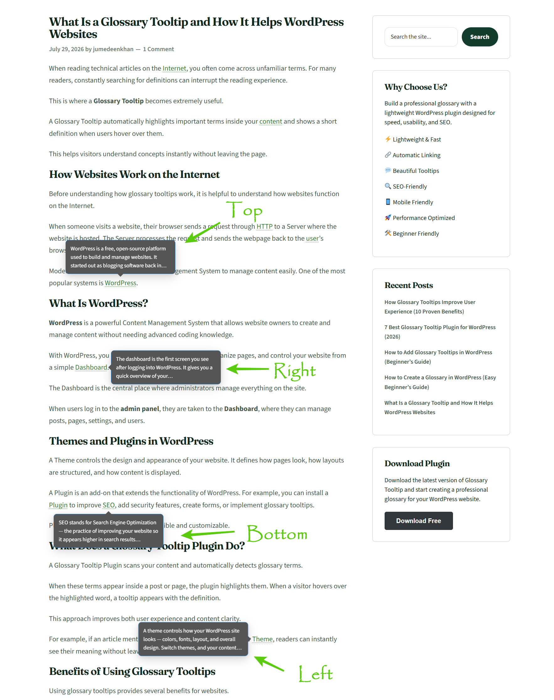 Automatically highlighted glossary terms with definition tooltips.