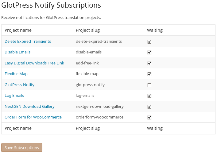 user settings for subscribing to projects