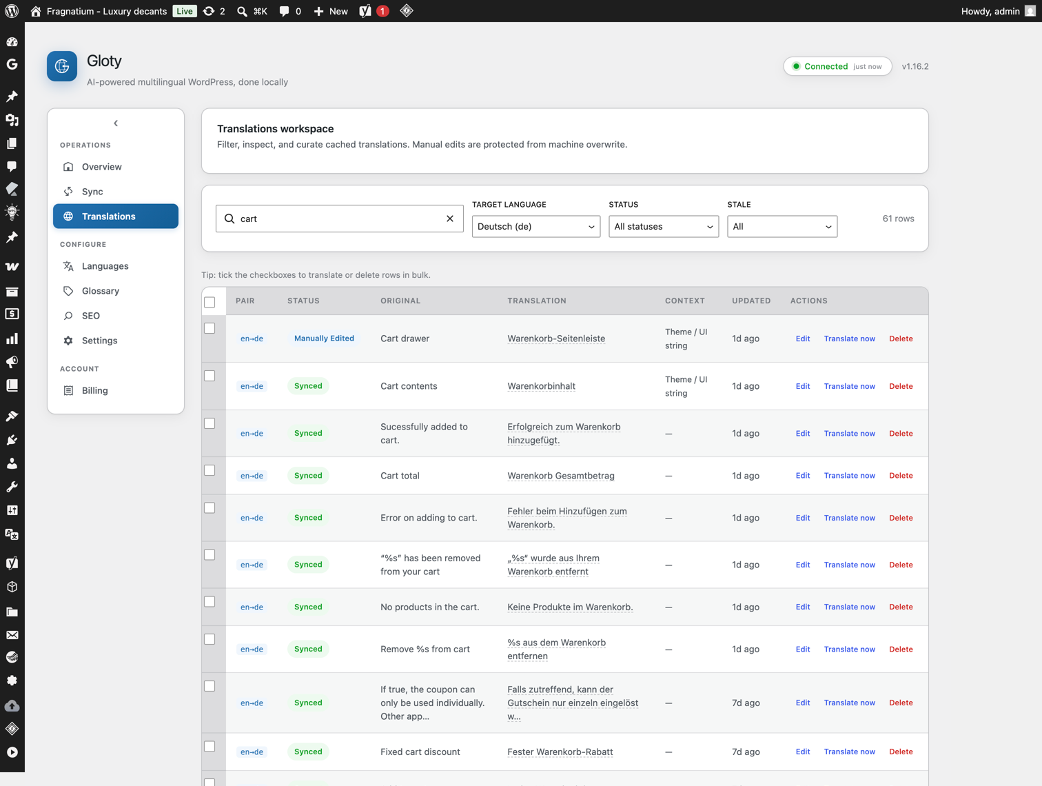 Translations screen for reviewing and editing individual translations