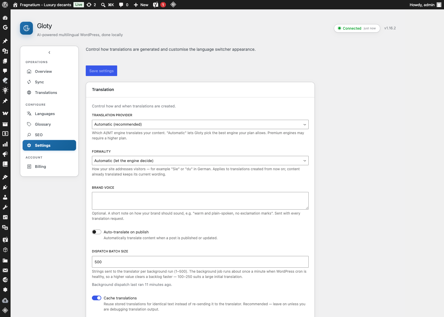 Settings page with translation and switcher options