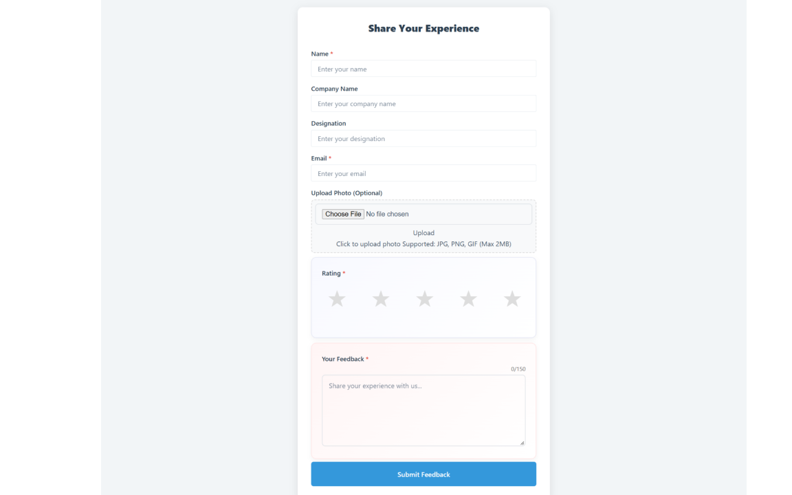 Frontend feedback form with star rating, image upload, and validation