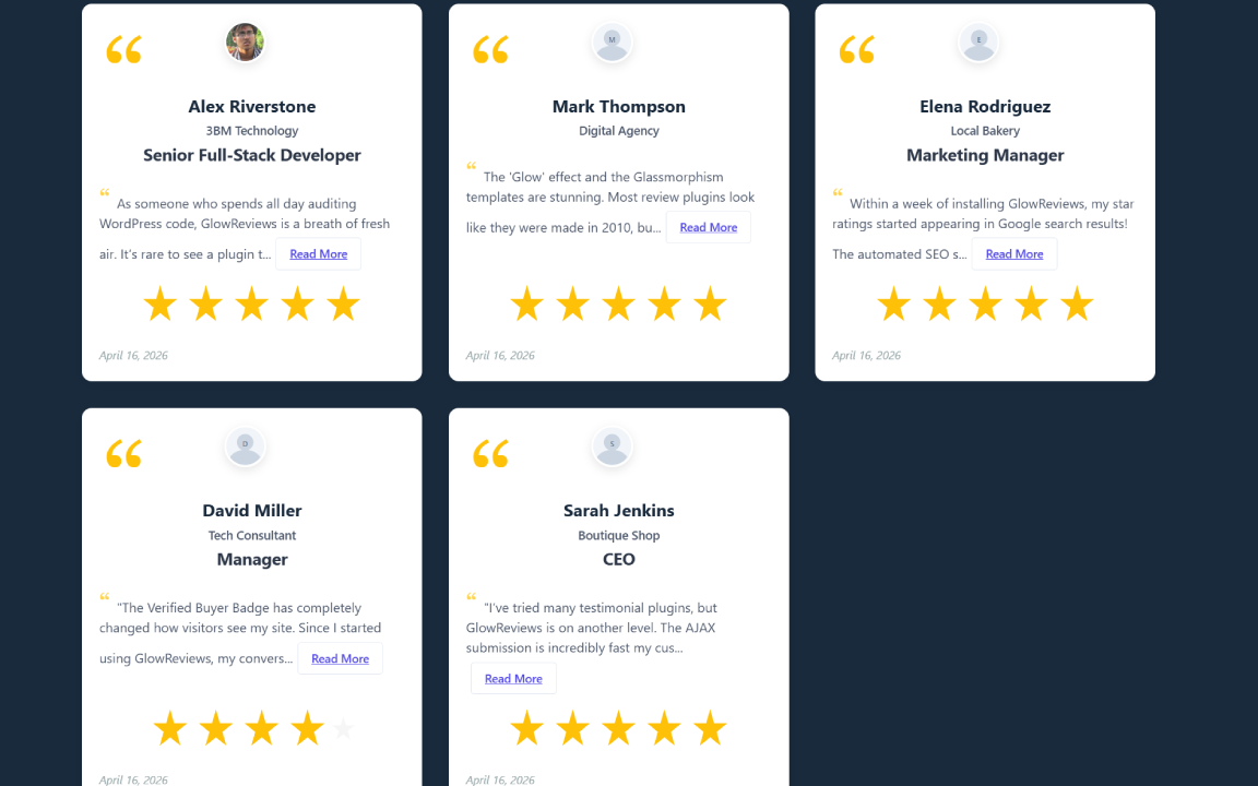 Grid layout for approved testimonials