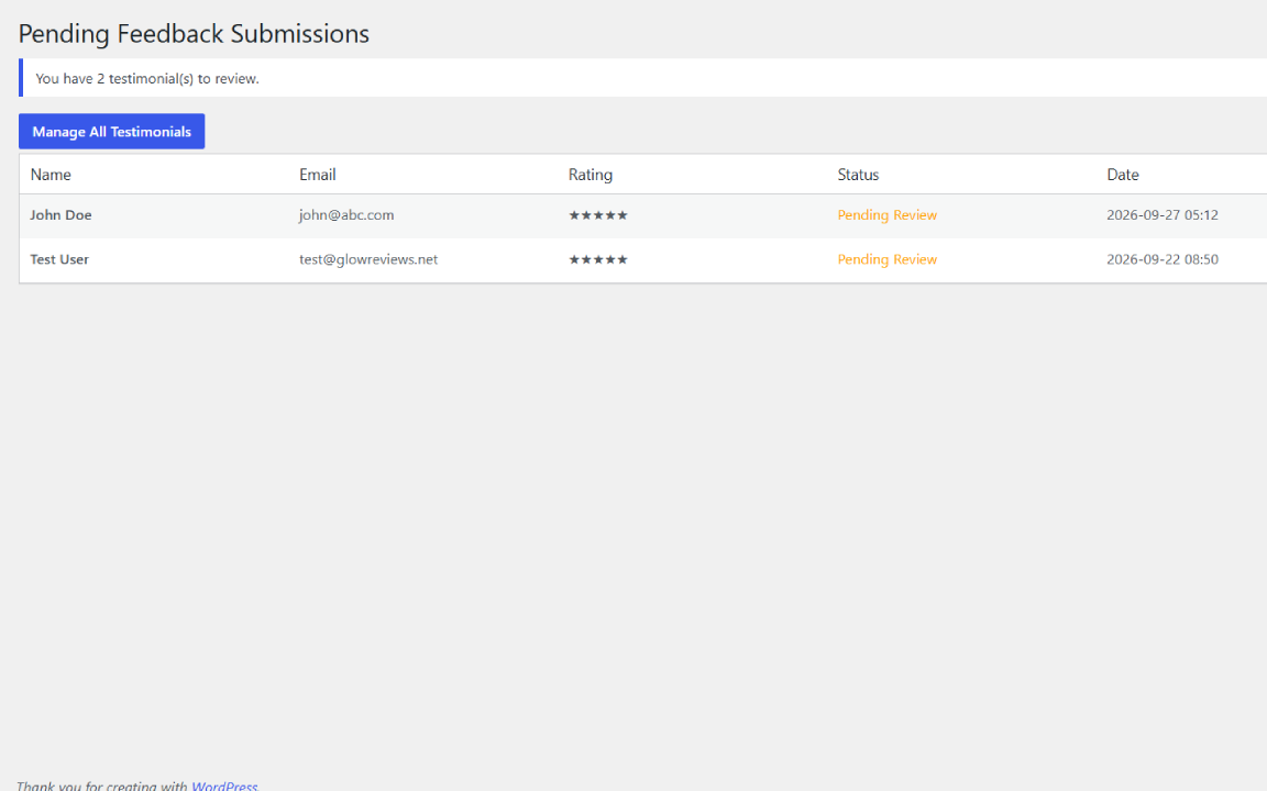 Pending Feedback admin page with approve and reject actions