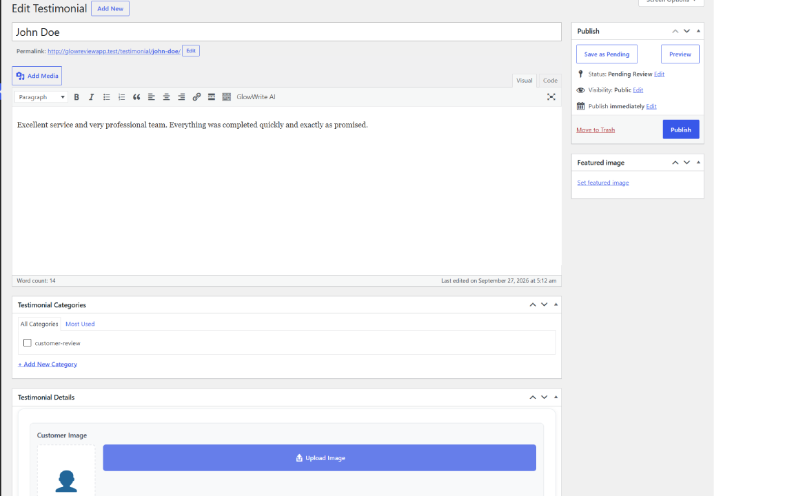 Testimonial editor with rating, image, and customer details