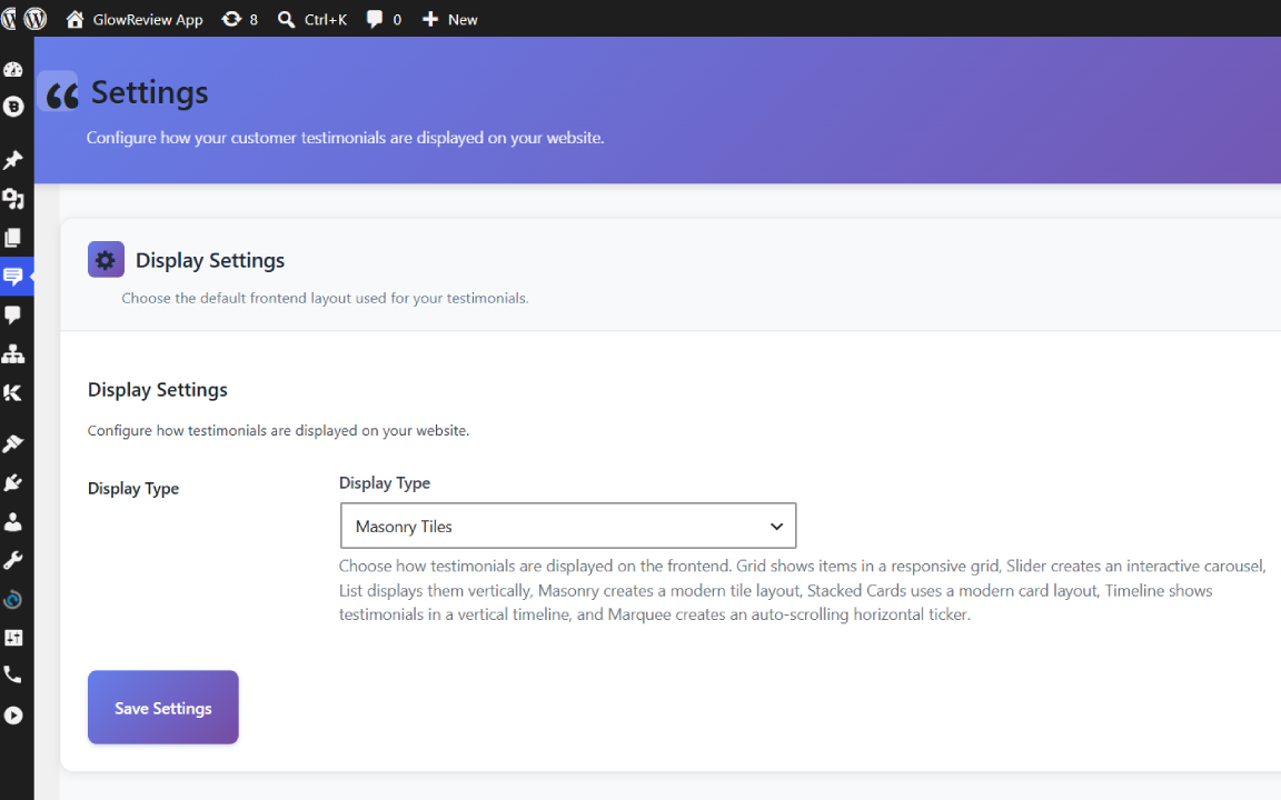 Display settings page